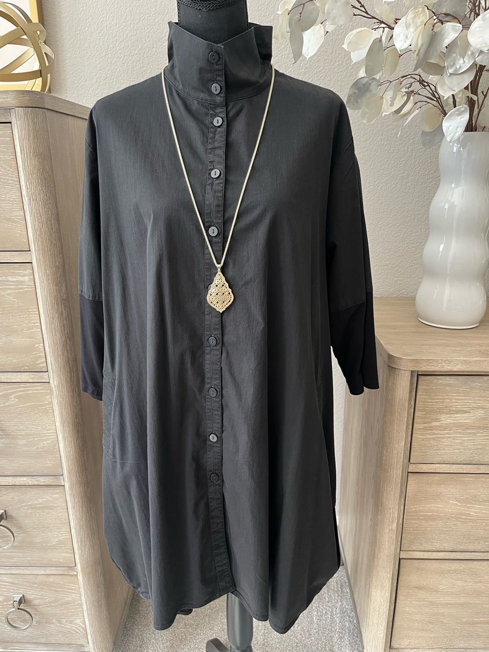 Stella Carakasi Oversized High Low Button Down Shirt Tunic ALine Smock Black w P